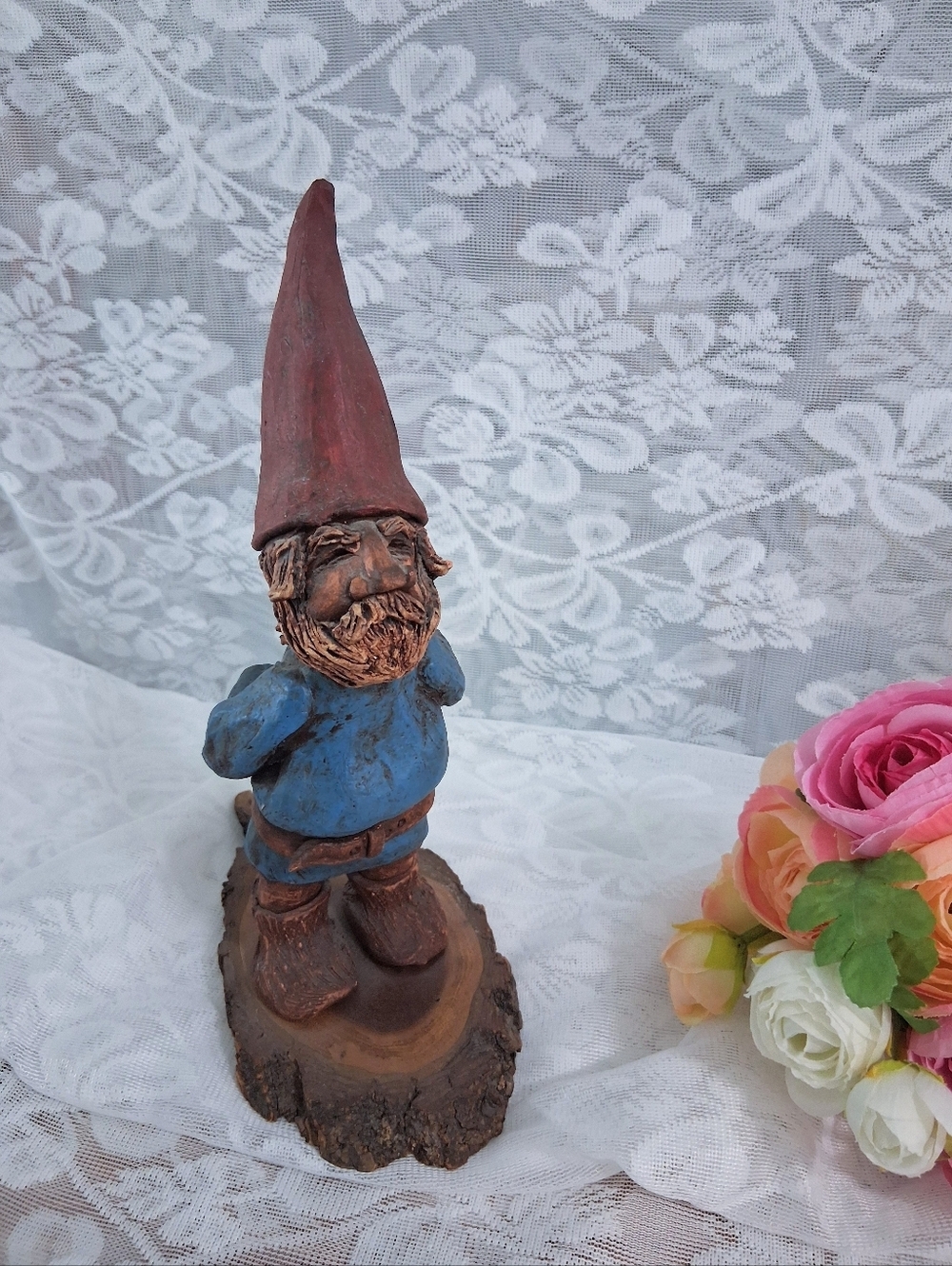 Vintage Artisan Clay Gnome Woodland Folk Fae Whimsical Wood Base 10"